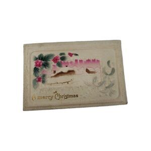 Postcard Merry Christmas Deeply Embossed Winter Snow Scene Holly Mistletoe 1914